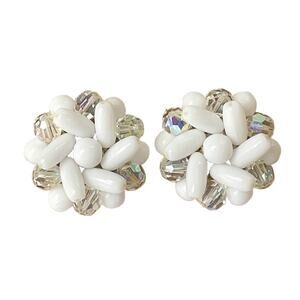 1960s Germany Milk Glass & AB Crystal Beaded Cluster Starburst Clip Earring
